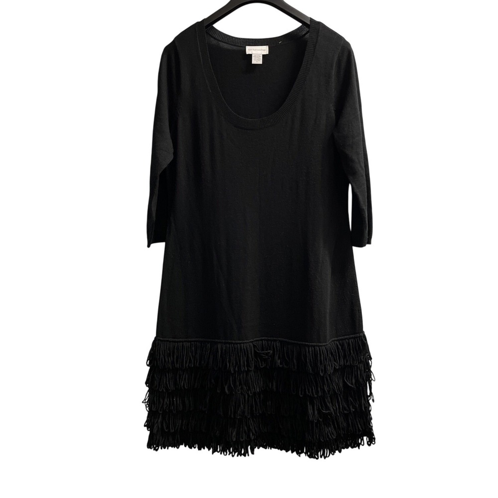 Soft Surroundings Theodora Sweater Dress‎ Womens XL Black Wool Blend Fringe Midi